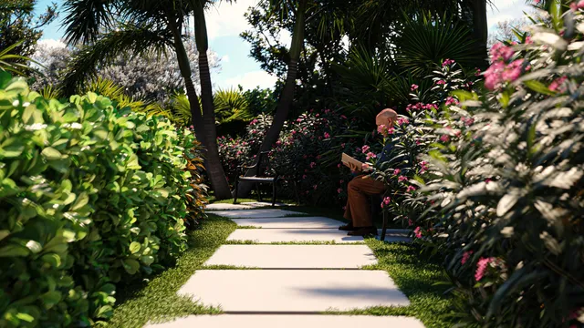 a view of a pathway of a yard