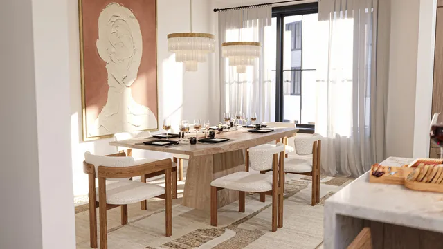 a dining room with furniture and window