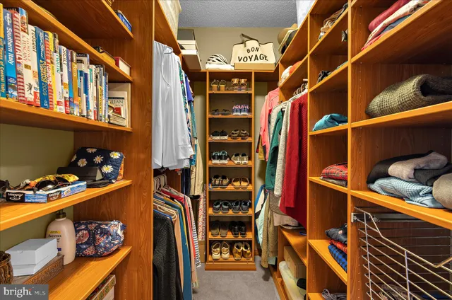 a view of walk in closet with clothes and shoes