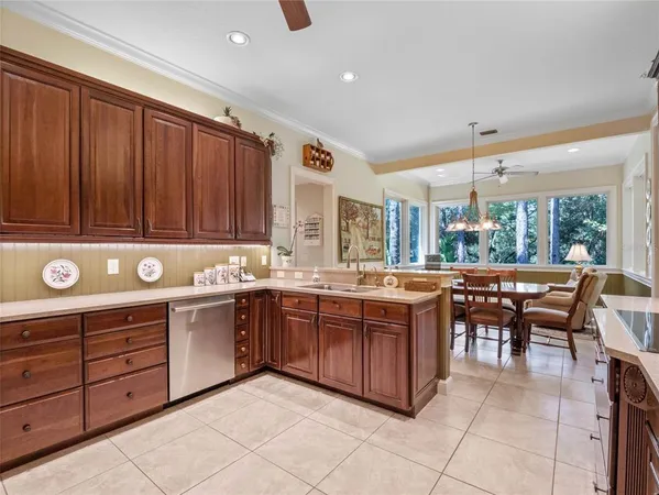 a view of a dining room with furniture and a table