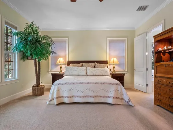 a spacious bedroom with a bed and a potted plant