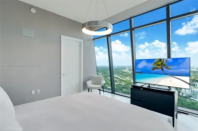 a living room with a large window