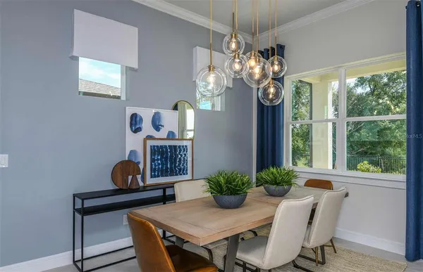 a dining room with furniture a potted plant and a chandelier