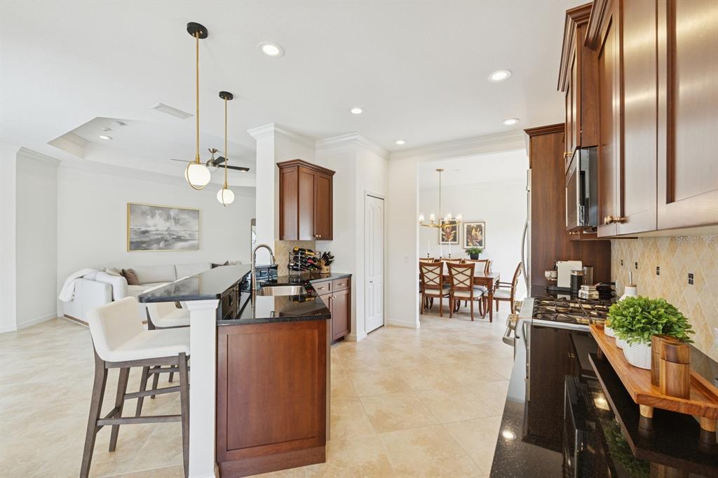 14614 Newtonmore Lane Lakewood Ranch, FL 34202 - Photo 18 of 72 a kitchen with stainless steel appliances kitchen island granite countertop a stove a refrigerator a sink a dining table and chairs with wooden floor