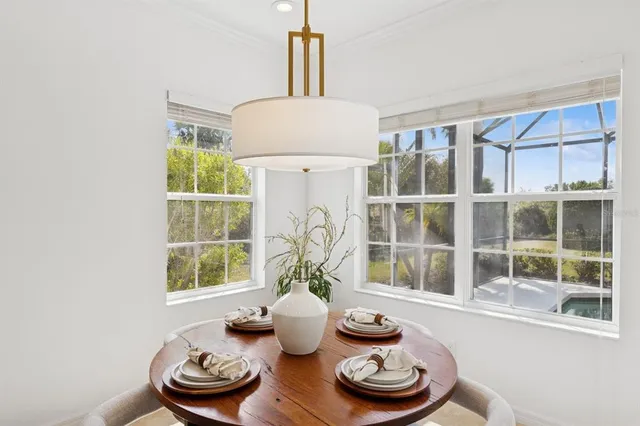 a view of a dining room with furniture window and outside view