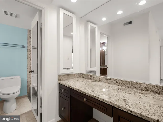 a bathroom with a granite countertop sink a toilet and a shower