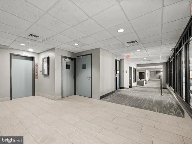 a large room with a bed