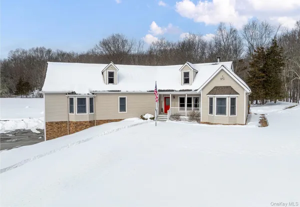 a front view of a house with a yard and covered with snow