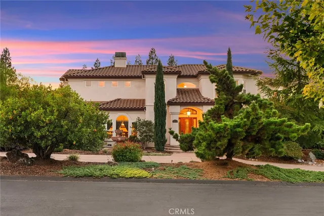 a view of a house with a yard and potted plants