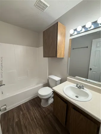 a bathroom with a sink a toilet a mirror a vanity and bathtub