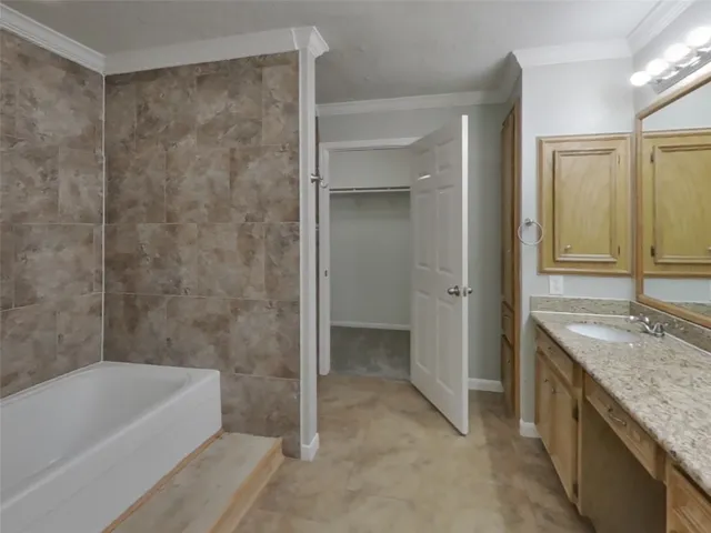 a bathroom with a granite countertop bathtub shower sink and mirror