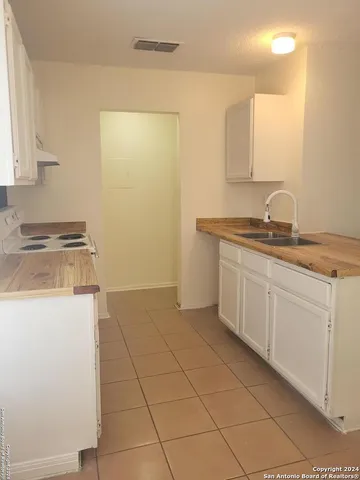 a kitchen with a sink a stove and cabinets