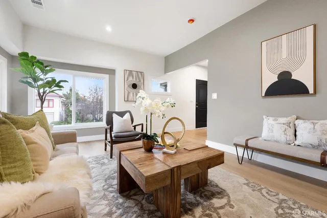 a living room with furniture and a potted plant