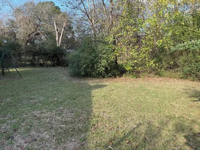 a view of a field with trees in the background