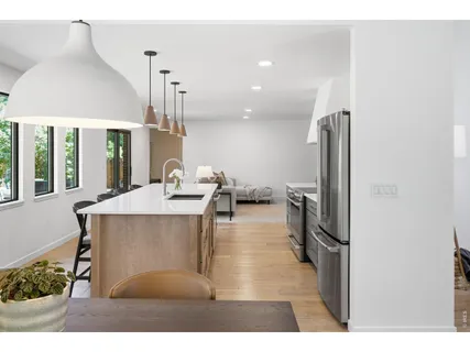 a upper view of a living room and dining room