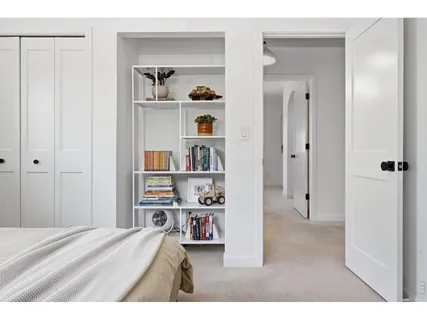 a bedroom with a bed and closet