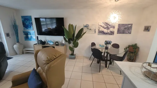 a living room with furniture a flat screen tv and a potted plant