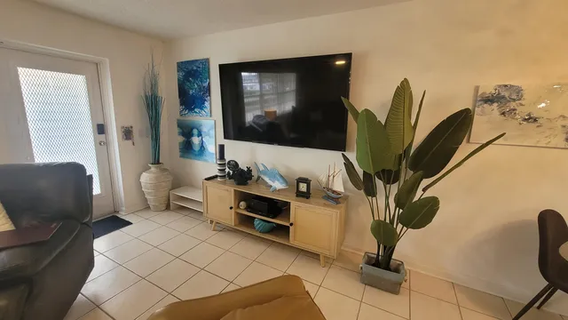 a living room with furniture a flat screen tv and a potted plant