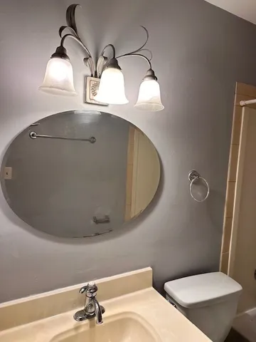 a bathroom with a toilet mirror and vanity