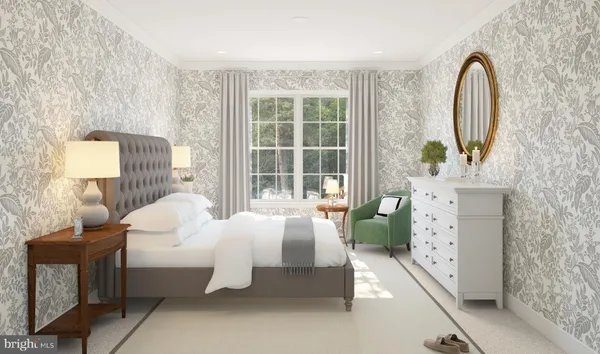 a bedroom with a bed and a large window