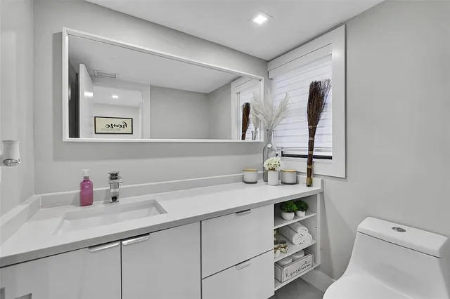 a bathroom with a sink a toilet and a mirror