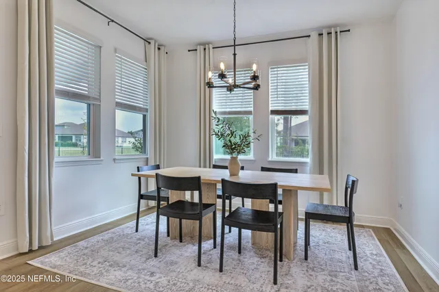 a view of a dining room with furniture window and outside view