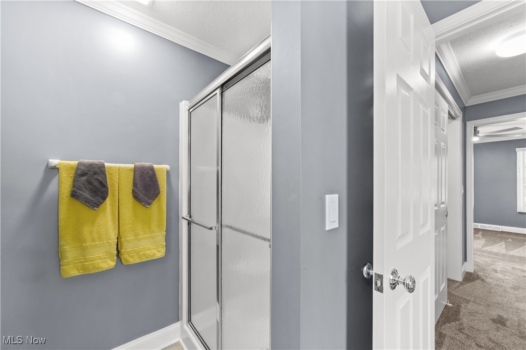 4500 Brooks Road Cleveland, OH 44105 - Photo 26 of 50 Primary bathroom with crown molding, a stall shower, and a textured ceiling