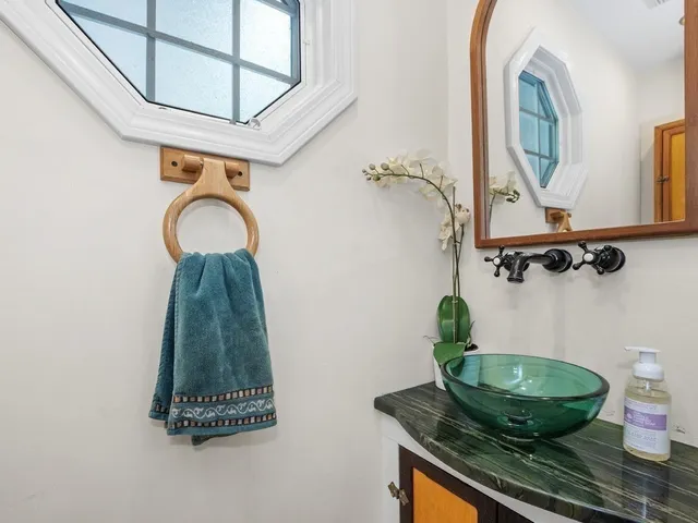 a bathroom with a granite countertop sink and a potted plant