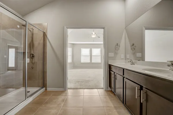 a bathroom with a granite countertop sink mirror and a shower