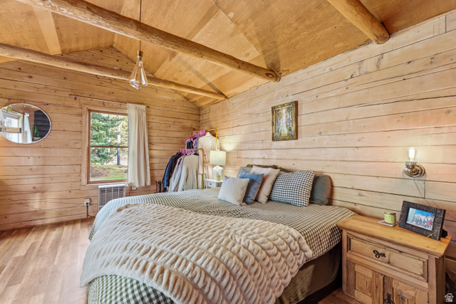 6631 Pine Springs Road Kamas, UT 84036 - Photo 6 of 48 Bedroom featuring wood walls, wood finished floors, a wood ceiling with exposed beams, and ceiling fan
