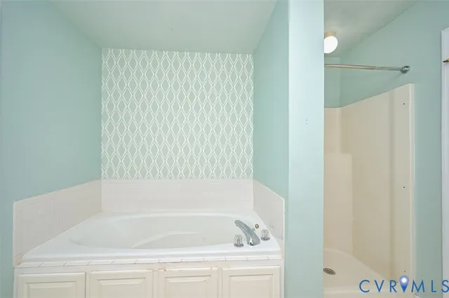 a bathroom with a bathtub and shower