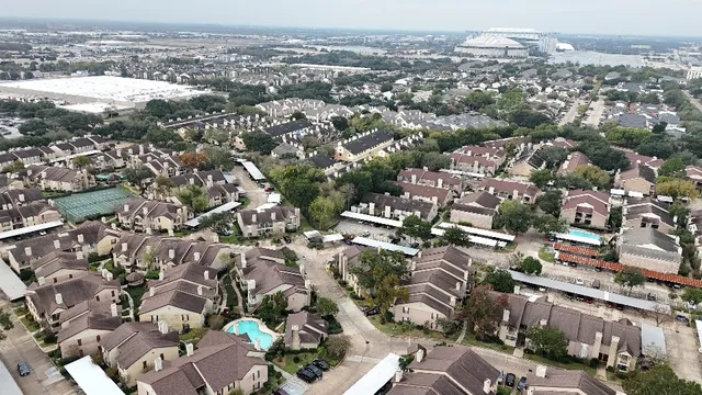 an aerial view of a swimming pool