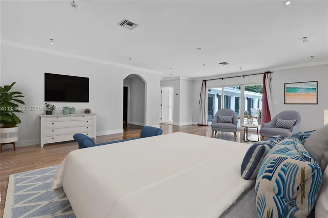 a bedroom with a bed and a flat screen tv