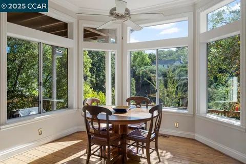 a view of a dining room with furniture window and outside view