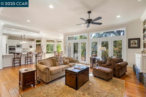 a living room with furniture ceiling fan and a rug