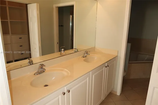 a bathroom with a sink and a large mirror