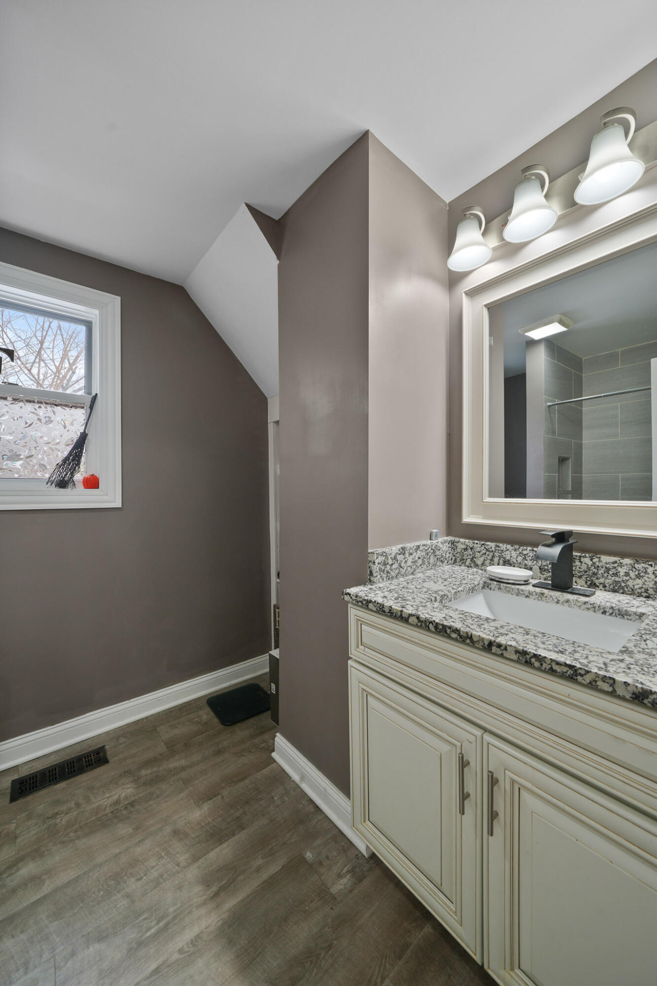 345 Castle Street Lowell, IN 46356 - Photo 17 of 27 a bathroom with a granite countertop sink and a mirror