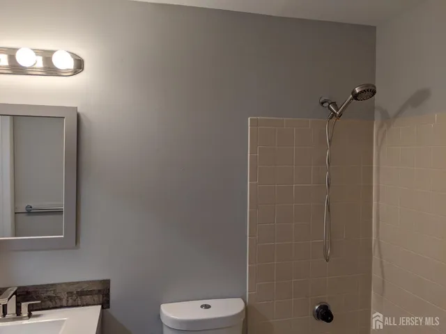 a bathroom with a shower a toilet and sink