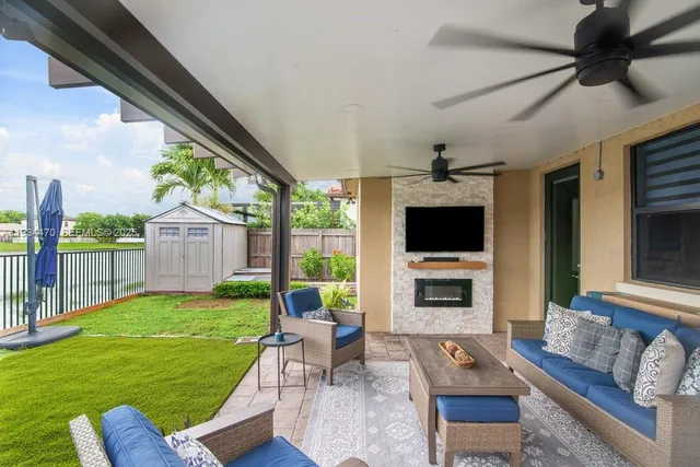 a view of a porch with a backyard