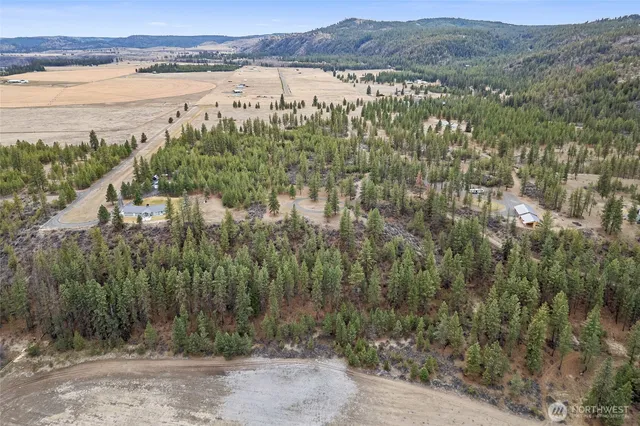 an aerial view of valley and lake