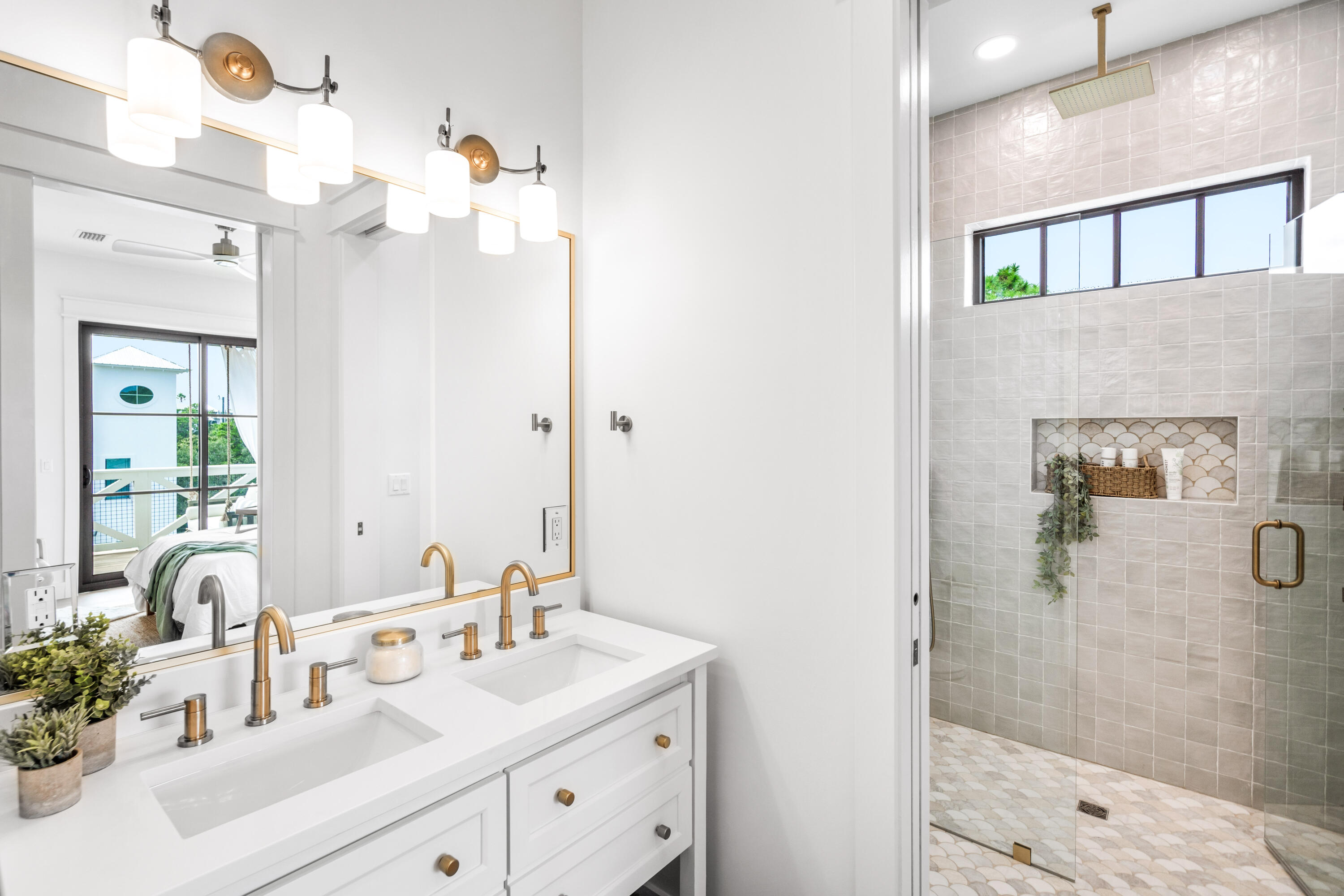 53 Porpoise Street Santa Rosa Beach, FL 32459 - Photo 66 of 75 a bathroom with a double vanity sink mirror and shower