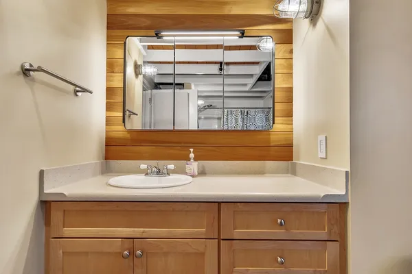 a bathroom with a sink and a mirror