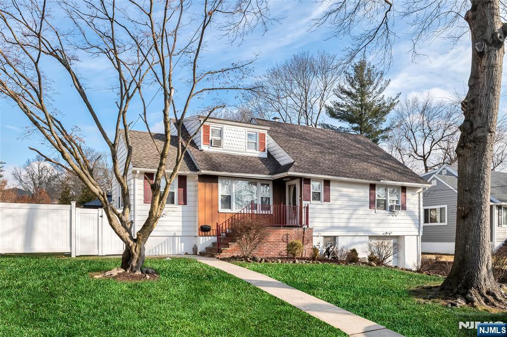 a view of a yard in front of a house with plants and large tree