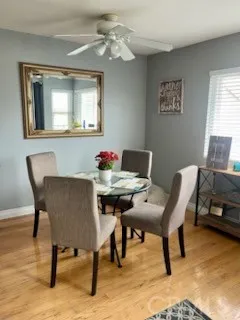 a view of a dining room with furniture