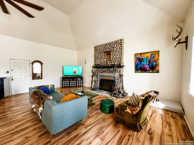 a living room with furniture a rug and a fireplace
