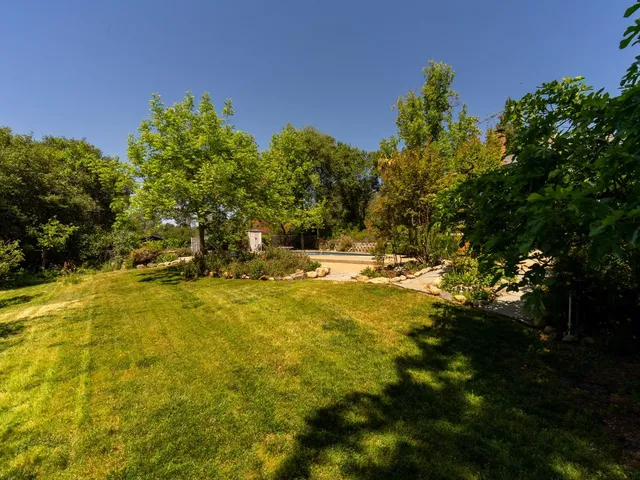 a view of yard with swimming pool and green space