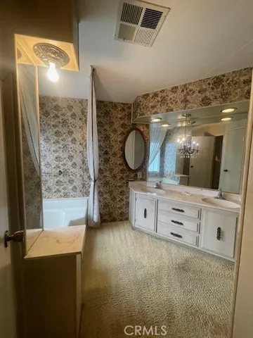 a bathroom with a sink mirror and a shower