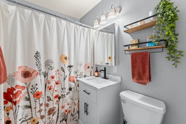 a bathroom with a sink a toilet and shower curtain