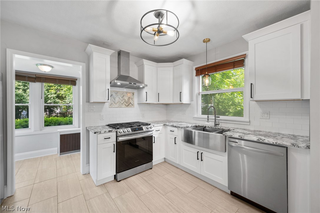 2924 Brighton Road Shaker Heights, OH 44120 - Photo 4 of 31 Kitchen featuring stainless steel appliances, wall chimney exhaust hood, a sink, and healthy amount of natural light