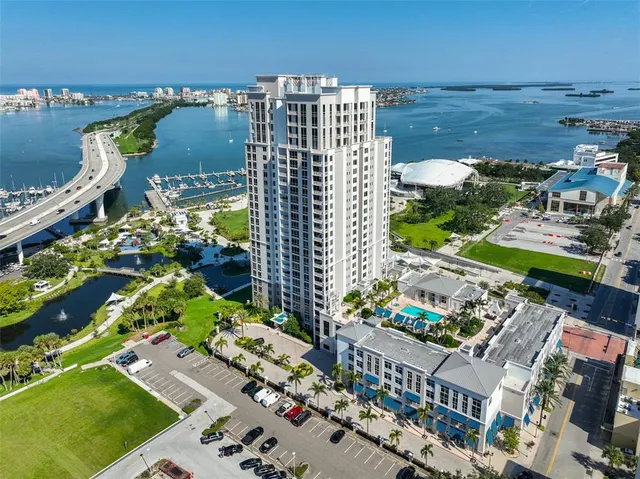 a city view with tall buildings